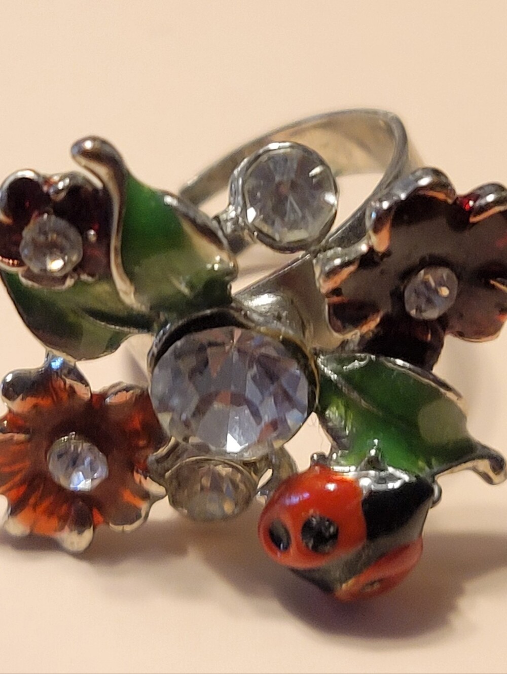Silver Floral Ring with Green Leaves and Red Ladybug Accent Size 6
